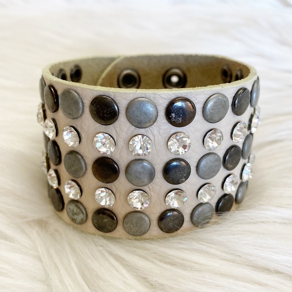Jewelry - Faux Leather Crystal/Stud Wide Bracelet